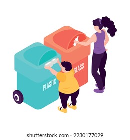 Isometric zero waste ewaste composition with human characters holding recyclable items vector illustration