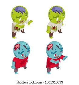 Isometric zombie boy costume halloween children masquerade party rpg kid character set flat vector design illustration