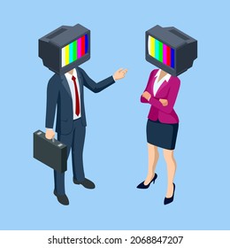 Isometric zombie man and woman with an old tv instead of head. Mass media addiction. Television manipulation, fake, horror, crazy.