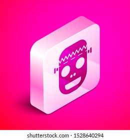 Isometric Zombie mask icon isolated on pink background. Happy Halloween party. Silver square button. Vector Illustration