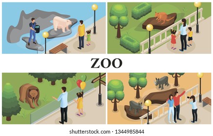 Isometric zoo animals colorful composition with parents children zookeepers rhinos kangaroos polar and brown bears vector illustration