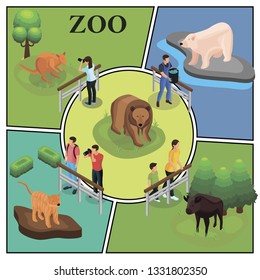 Isometric zoo colorful concept with visitors watching and photographing animals zookeeper feeds polar bear vector illustration