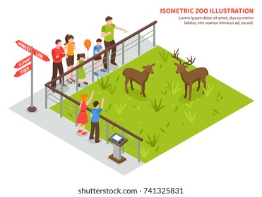 Isometric zoo composition with editable text and images of deers on lawn adult visitors and children vector illustration