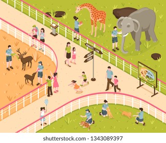 Isometrische Zoo-Komposition mit menschlichen Charakteren von Kindern und Erwachsenen mit wilden Tieren hinter Parkzaun, Vektorgrafik