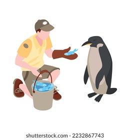 Composición isométrica del zoológico con imagen de animal con aislado humano en la ilustración vectorial de fondo en blanco