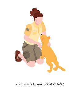 Composición isométrica del zoológico con imagen de animal con aislado humano en la ilustración vectorial de fondo en blanco