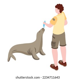Isometric zoo composition with image of animal with human isolated on blank background vector illustration