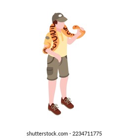 Isometric zoo composition with image of animal with human isolated on blank background vector illustration