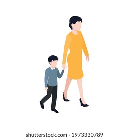 Isometric zoo composition with isolated human characters of adult woman and boy on blank background vector illustration