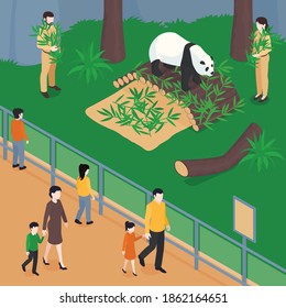 Isometric zoo composition with view of panda park with bamboo leaves workers and visitors behind barrier vector illustration