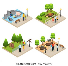 Isometric zoo concept with parents children watching kangaroo rhinoceros polar and gray bears isolated vector illustration