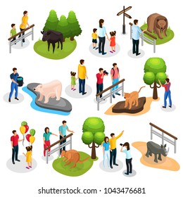 Isometric zoo elements collection with different animals families children and zookeepers isolated vector illustration 