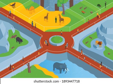 Isometric zoo horizontal composition with birds eye view of zoological park with lanes animals and visitors vector illustration