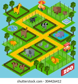 Isometric zoo park concept with 3d animals in cages vector illustration