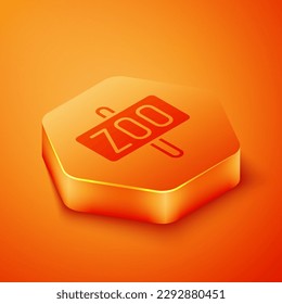 Isometric Zoo park icon isolated on orange background. Orange hexagon button. Vector