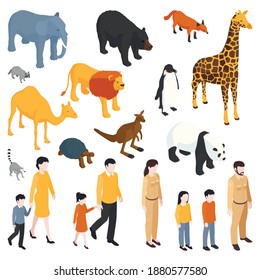 Isometric zoo set of isolated icons adult visitors with kids and animals from across the world vector illustration