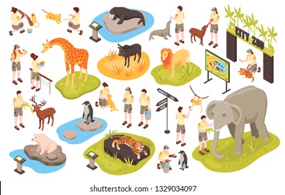 Isometric zoo set with isolated images of animals human characters of personnel and animal park items cector illustration