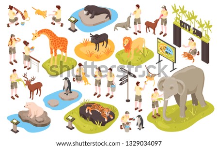 Isometric zoo set with isolated images of animals human characters of personnel and animal park items cector illustration