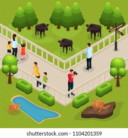 Isometric zoo template with people watching and photographing buffalos and kangaroos vector illustration