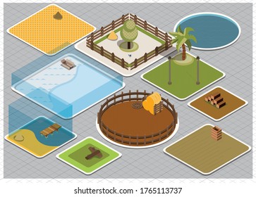 Isometric zoo template without animals in 3D design illustration. Set vector 