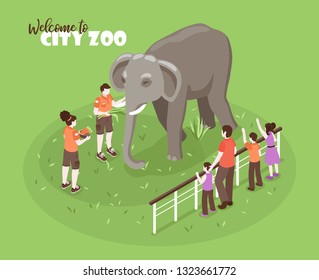 Isometric zoo workers color background with editable text and human characters with kids and big elephant vector illustration