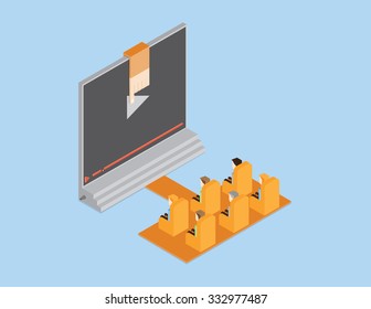 Isometric3d Concept Of Empty Cinema Screen With Audience. Film Show, Seat And Presentation, Entertainment And Auditorium