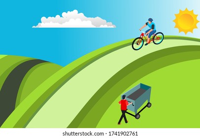 Isometrical cyclists riding on the road near the hills and mountains. Fast road biker.  vector illustration.