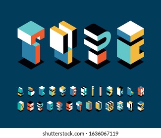 Isometrical english alphabet, bright shapes' graphical decorative type. 