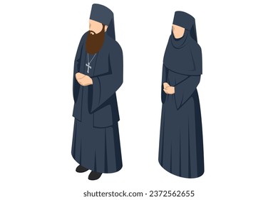 IsometricChristian priest, Orthodox nun in robes. Religion and its representatives isolated on white background. Religion and its representatives