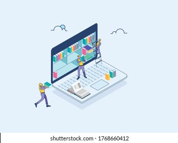 Isometric-e library-eBook-online education-men-at-work-e Learning-Flat Illustration- new age digital education-Data Science. eps10