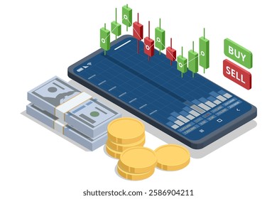 Isometricr illustration of a smartphone displaying stock trading charts with green and red candlesticks, stacks of cash, gold coins, buy sell buttons. Stock trading, cryptocurrency, forex, investment