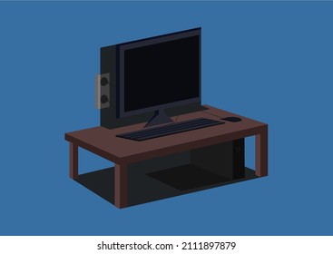 vector isométrico de un conjunto completo de pc 1 con ratón de tabla, monitor, enchufe y teclado