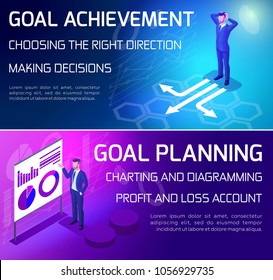 Isometrics bright banners, business concepts, 3D businessmen are building plans, brainstorming. Vector illustration.