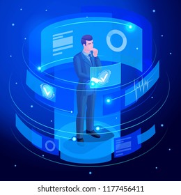 Isometrics a businessman works on a virtual screen, looks at documents, analyzes, reports, graphs, data using high technologies