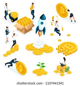 Isometrics businessmen, investors, speculators with ico blockchain concept, safe bitcoin, cryptocurrency mining, startup project isolated vector illustration