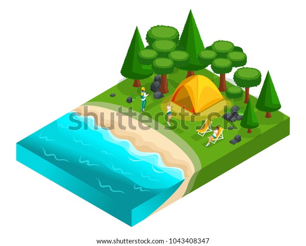 Isometrics of camping, recreation of\
young people of generation Z on the nature, forest, sea, beach,\
shore of the lake, bank of the river. Healthy\
lifestyle