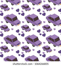 isometrics cars and hearts pattern background