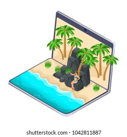 Isometrics the choice of rest on the laptop, the girl on the rocky mountains makes selfie, gadgets on vacation, travel, beach, sea, tropics