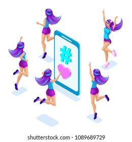 Isometrics the concept of communication in social networks, hashtag, young girl jumps, bright magical hair color, beautiful pink and blue colors.
