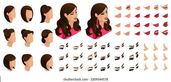 Isometrics create your emotions of a beautiful woman. Sets of 3D hairstyles, faces, eyes, lips, nose, facial expression. Qualitative isometry