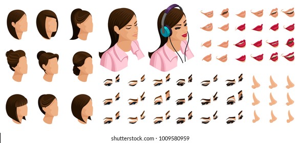 Isometrics create your emotions for a girl teenager. Sets of 3D hairstyles, faces, eyes, lips, nose, facial expression. Qualitative vector isometry