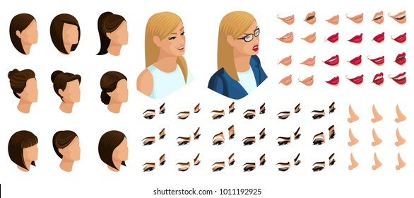 Isometrics create your emotions and hair style for a woman president. Sets of 3D hairstyles, faces, eyes, lips, nose, facial expression to the presidential candidate