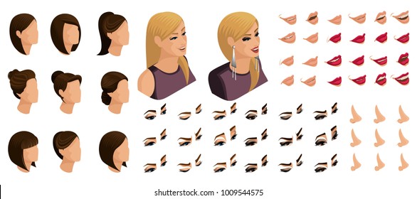 Isometrics create your emotions and hairstyles for the girl. Sets of 3D hairstyles, faces, eyes, lips, nose, facial expression. Qualitative vector isometry