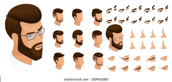 Isometrics create your emotions for a man with a hipster and a beard. Sets of 3D hairstyles, faces, eyes, lips, nose, facial expression. Qualitative vector isometry.