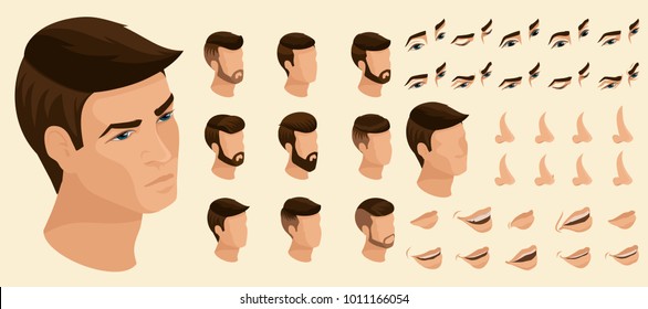 Isometrics create your emotions for a man. Sets of 3D hairstyles, faces, eyes, lips, nose, facial expression. Qualitative vector isometry