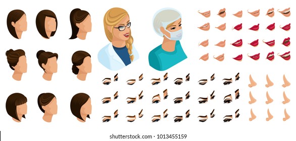 Isometrics create your emotions for a sweet woman doctor. Sets of 3D hairstyles, faces, eyes, lips, nose, facial expression. Qualitative vector isometry.