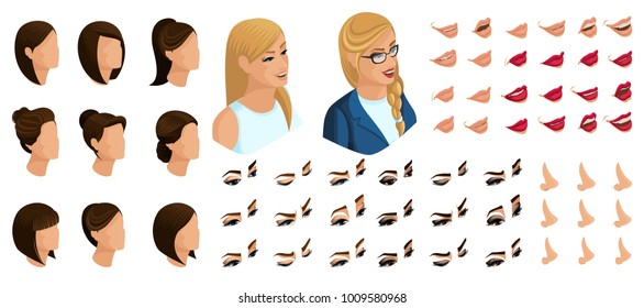 Isometrics create your emotions for a woman president. Sets of 3D hairstyles, faces, eyes, lips, nose, facial expression and emotions to the presidential candidate