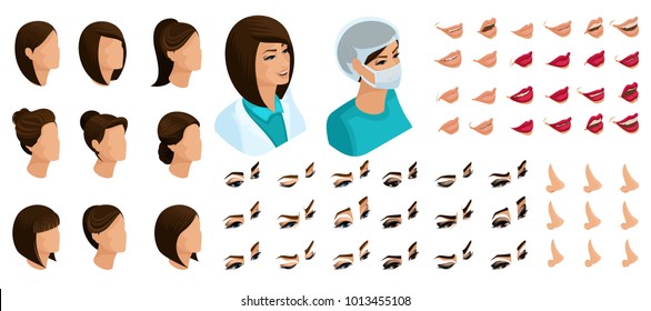Isometrics create your emotions for a woman doctor and surgeon. Sets of 3D hairstyles, faces, eyes, lips, nose, facial expression.