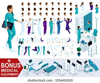 Isometrics create your nurse character, Set of hands, feet, gestures, emotions and characters. Bonus medical equipment