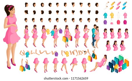 Isometrics create your pregnant girl or mother. hairstyles and emotions of a girl. Set of hands and feet in motion. Set of babies and clothes, create your own character.